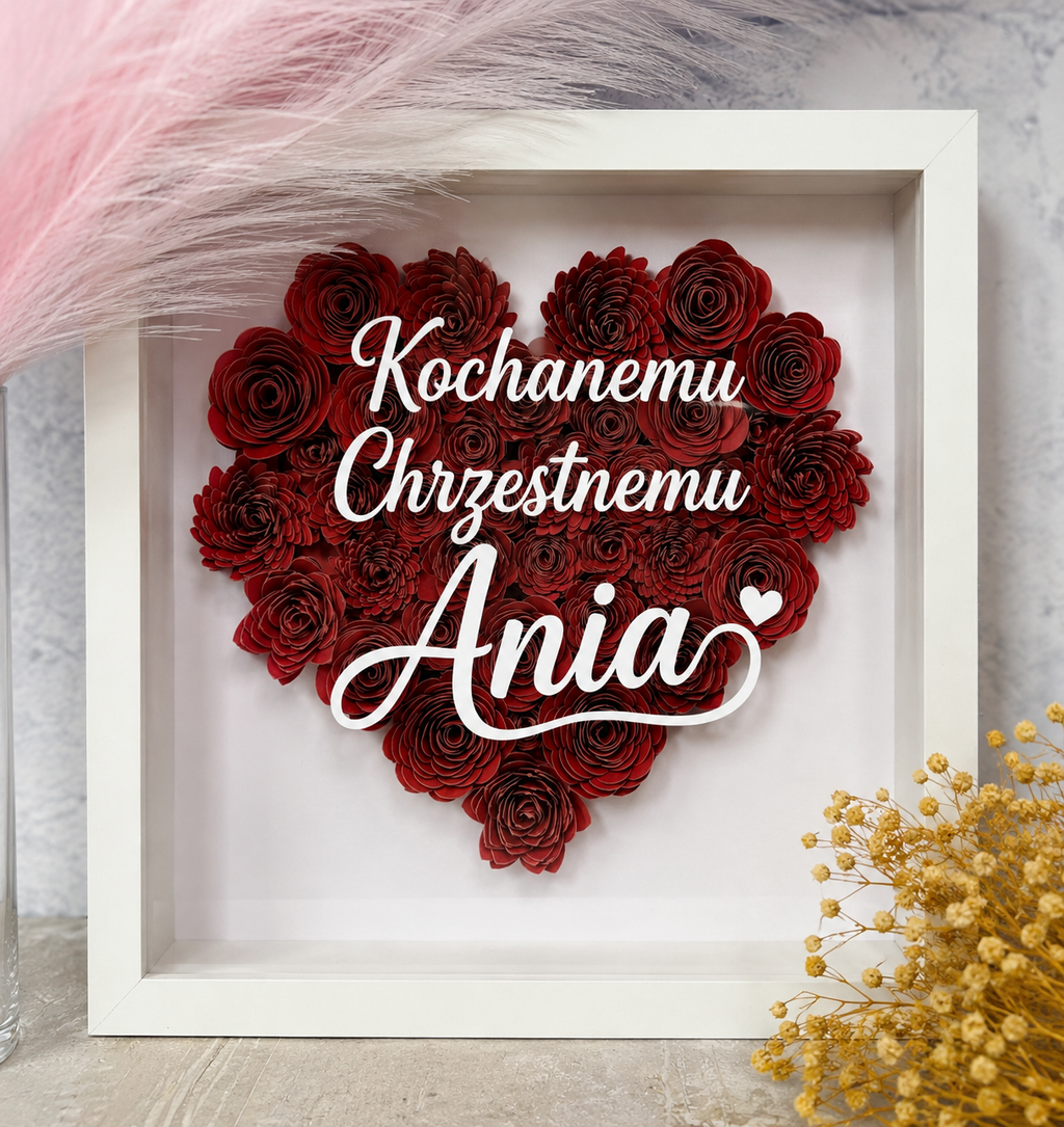 Ramka z ręcznie robionymi kwiatami, personalizacja gratis