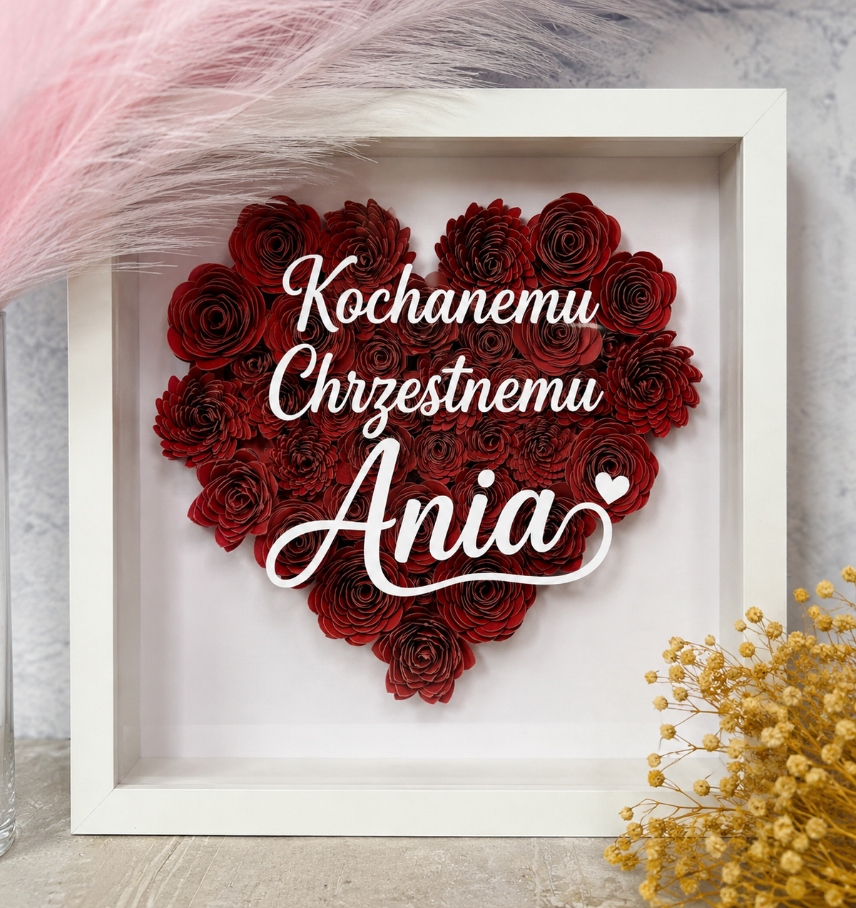 Ramka z ręcznie robionymi kwiatami, personalizacja gratis